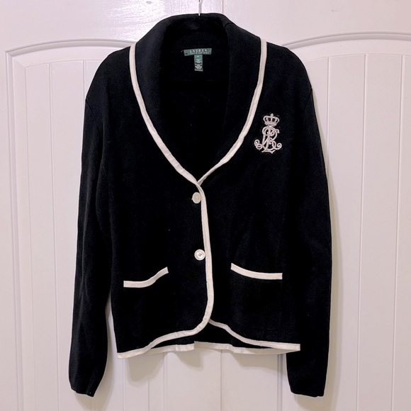 Vintage 90s Ralph Lauren black & cream schoolboy cardigan w/ silver monogram, XL - Picture 2 of 10